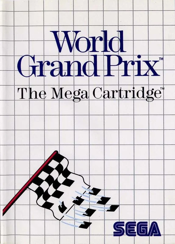 Portada europea de World Grand Prix per a Master System, amb una bandera de quadres sobre la quadrícula blanca de Sega.