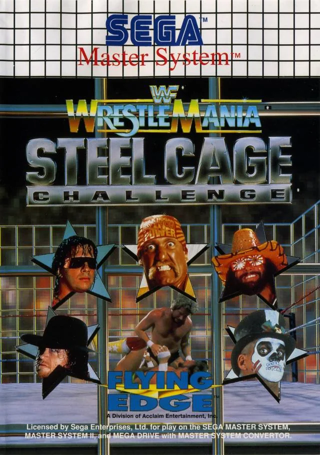 Portada europea de WWF WrestleMania: Steel Cage Challenge per a Sega Master System, amb cinc retrats de lluitadors.