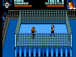 Papa Shango combat dins d'un ring envoltat per la gàbia d'acer, visible davant del públic.