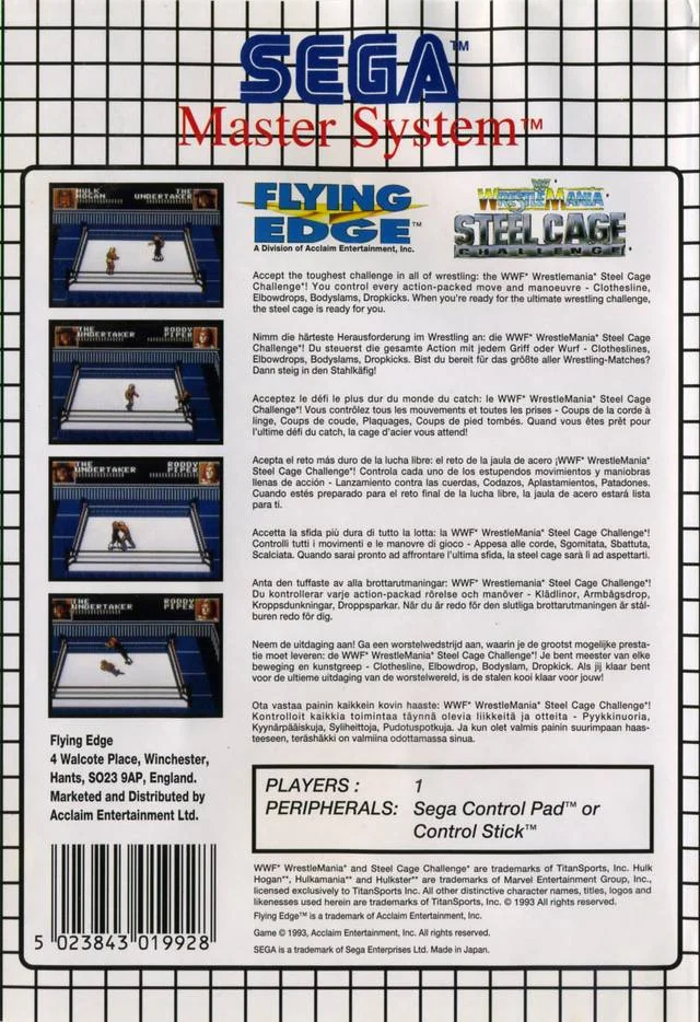 Contraportada europea de WWF WrestleMania: Steel Cage Challenge per a Sega Master System, amb quatre captures i text multilingüe.