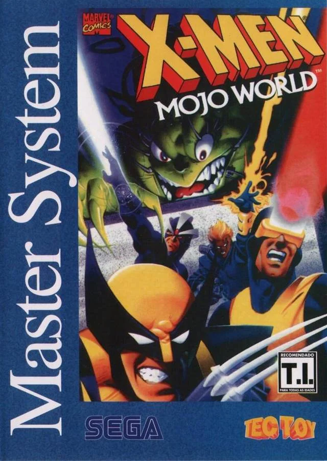 Portada brasilera de X-Men: Mojo World per a Sega Master System, amb Wolverine, Cyclops, Storm i Mojo.