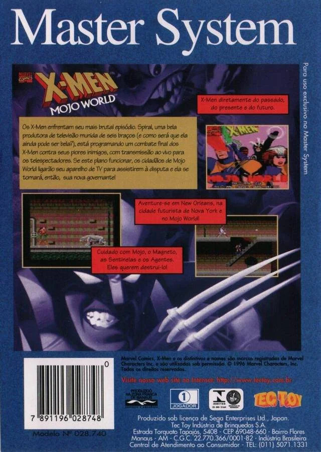 Contraportada brasilera de X-Men: Mojo World per a Sega Master System, amb text portuguès i captures del joc.