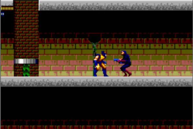Wolverine s’enfronta a un enemic en un passadís de maó.