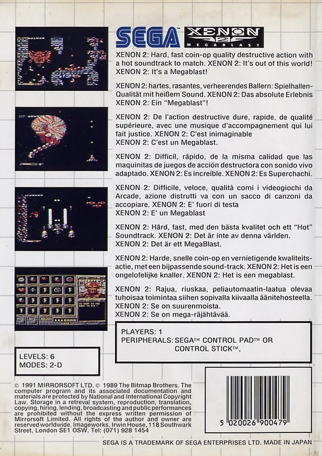 Contraportada europea de Xenon 2: Megablast per a Sega Master System, amb captures, textos multilingües i indicació d’un jugador.