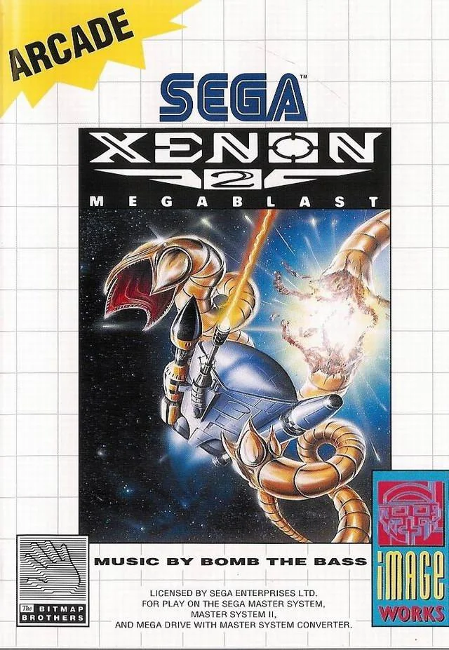 Portada europea de Xenon 2: Megablast per a Sega Master System, amb una nau biomecànica sobre un fons blau.