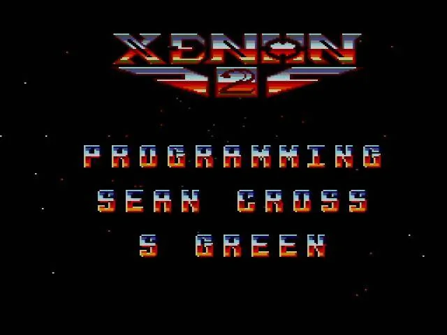 Pantalla de títol de Xenon 2 sobre un fons estel·lat, amb una línia que atribueix la programació a Sean Cross i S. Green.