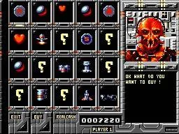 Pantalla de la botiga de Xenon 2 amb retrat del botiguer, saldo, graella d’articles i opcions de compra, venda i sortida.