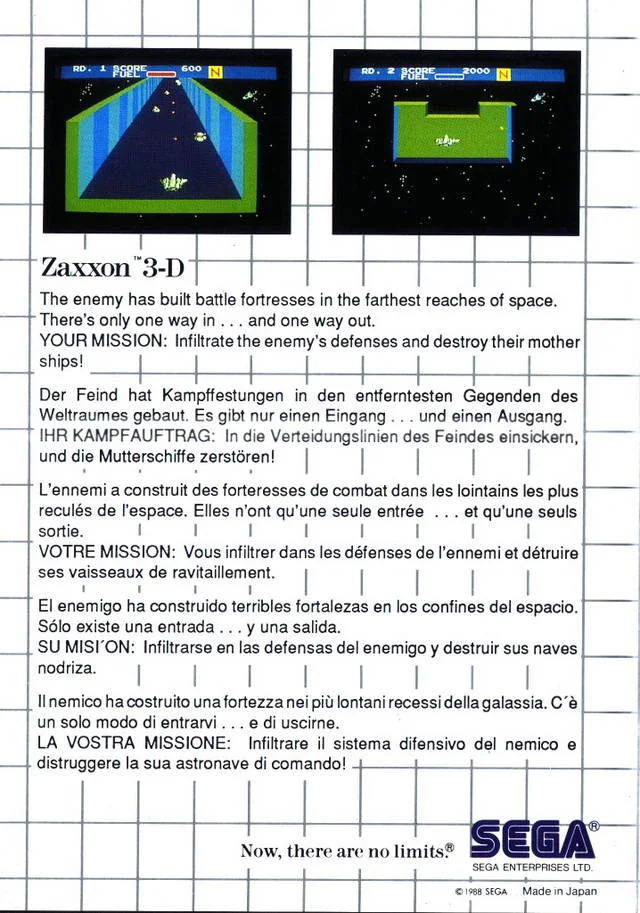 Contracoberta europea de Zaxxon 3-D amb dues captures i textos en cinc idiomes.