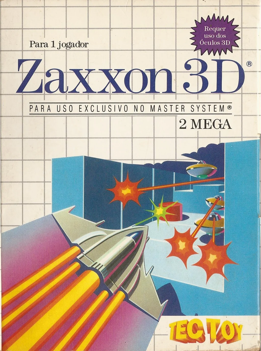 Caràtula brasilera de Zaxxon 3D amb textos en portuguès, logotip de Tec Toy i avís d’ús d’ulleres 3D.