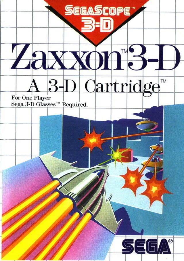Caràtula europea de Zaxxon 3-D amb el distintiu SegaScope 3-D i una nau sota foc enemic.
