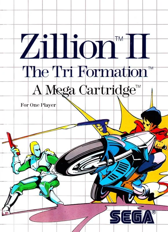 Portada europea de Zillion II: The Tri Formation per a Sega Master System, amb JJ sobre una motocicleta futurista.