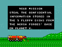 Pantalla de missió de Zillion que ordena recuperar cinc disquets de la base de Norsa.