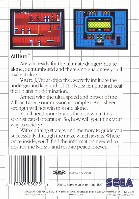 Contraportada nord-americana de Zillion amb dues captures i una descripció de la missió.