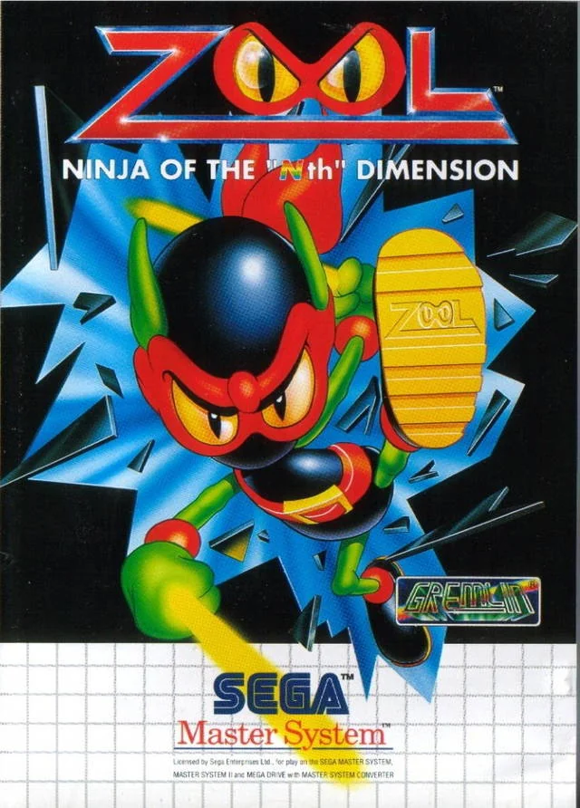 Portada europea de Zool per a Sega Master System, amb Zool travessant un vidre.
