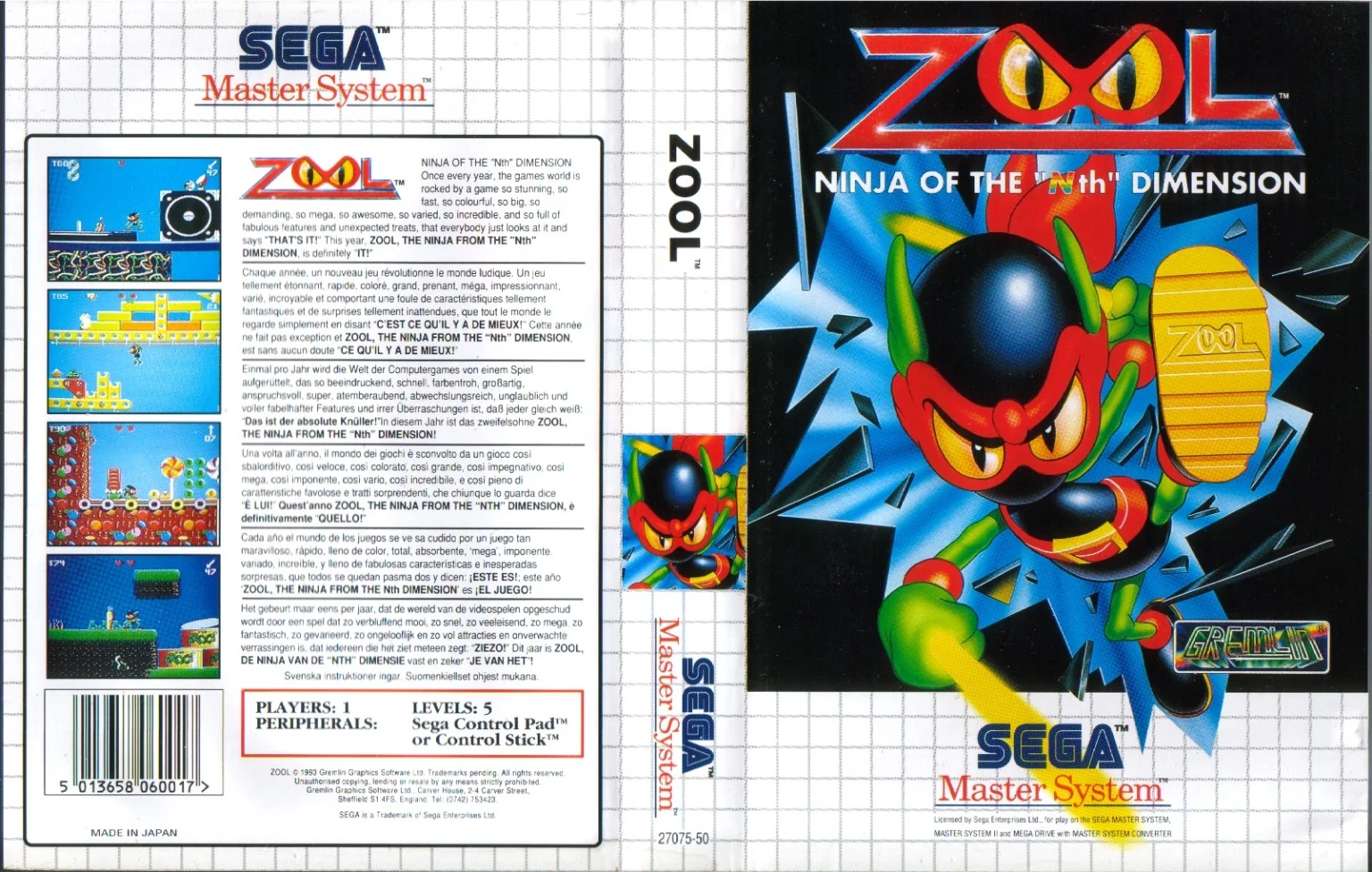 Caràtula europea desplegada de Zool per a Sega Master System, amb frontal, llom i revers.