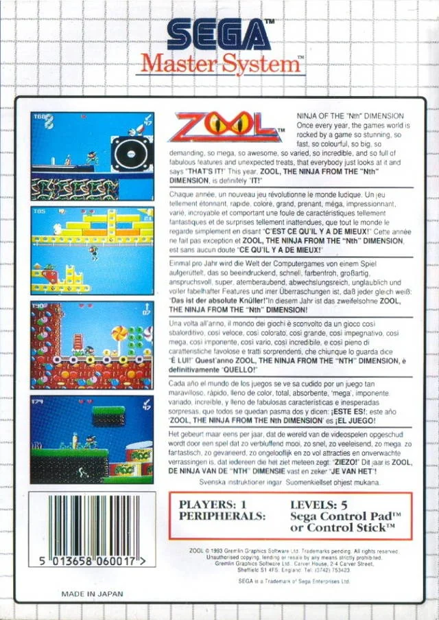 Contraportada europea de Zool per a Sega Master System, amb captures i textos en diversos idiomes.