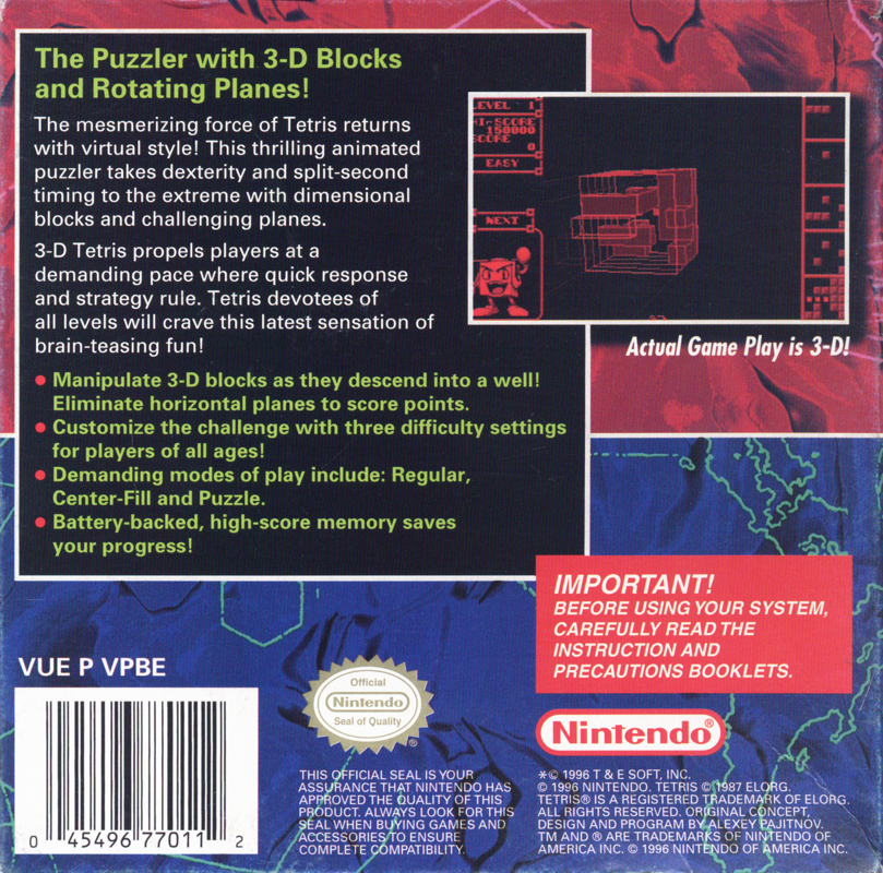 Revers de la caixa nord-americana de 3-D Tetris per a Virtual Boy, amb text, captura i codi de barres.
