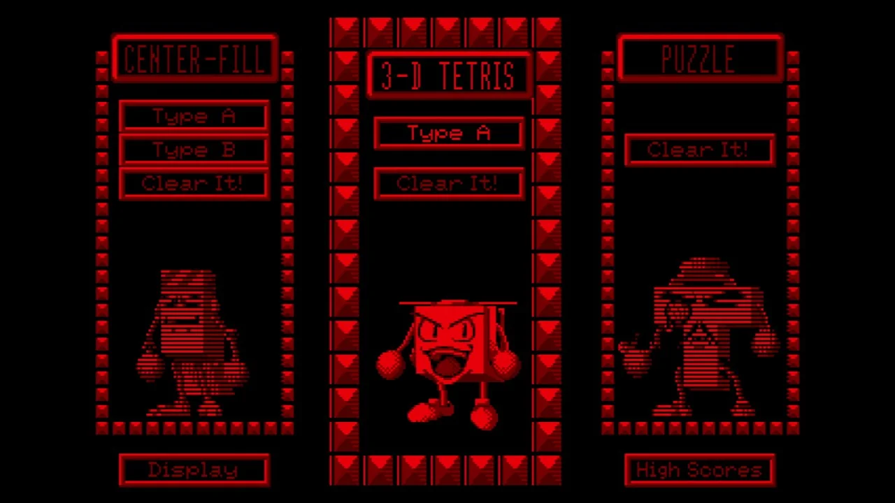 Menú principal de 3-D Tetris amb les opcions Center-Fill, 3-D Tetris i Puzzle.