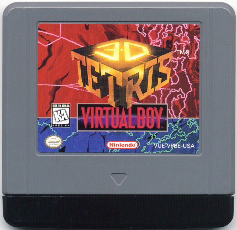 Cartutx nord-americà de 3-D Tetris per a Virtual Boy, amb carcassa grisa i etiqueta de colors.