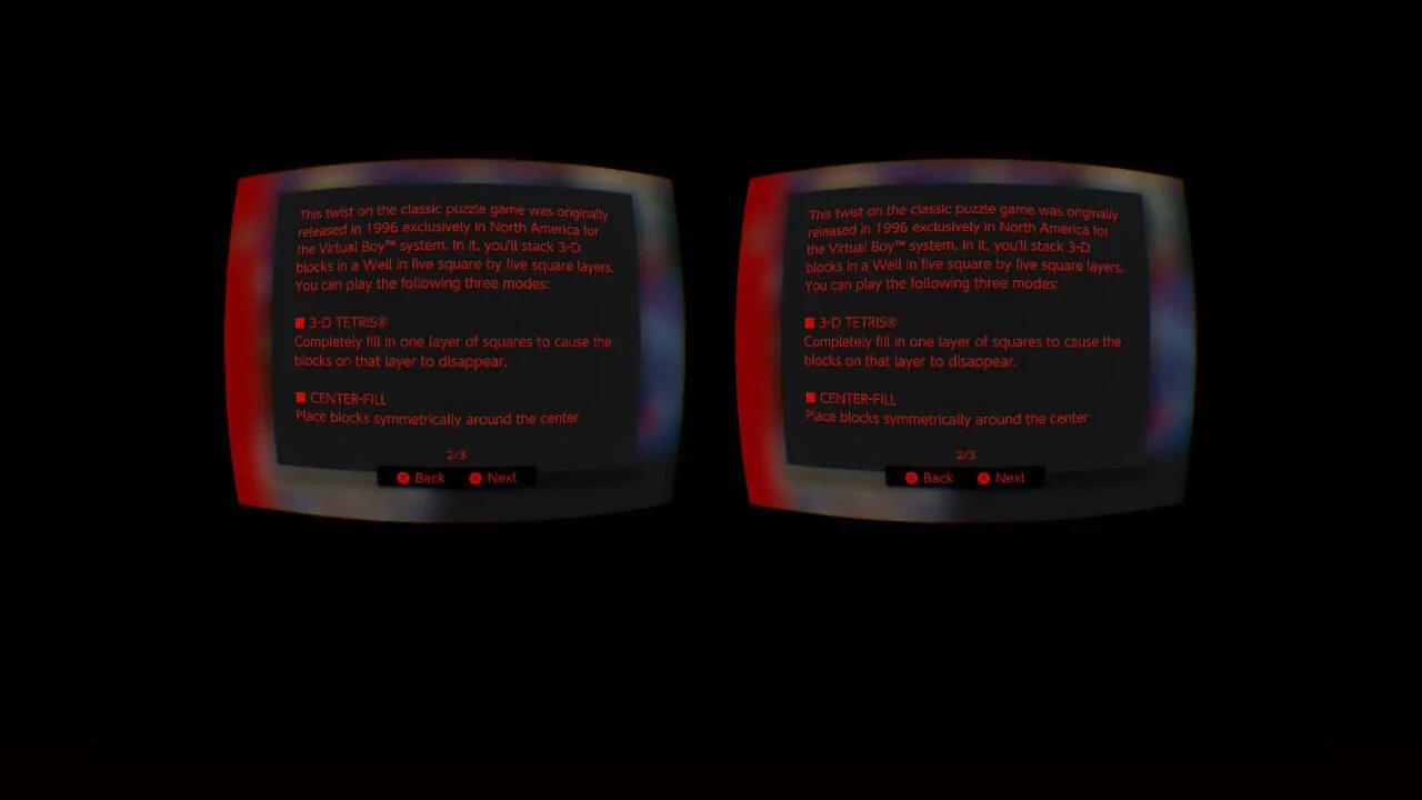 Pantalla estereoscòpica duplicada per als dos ulls amb informació sobre 3-D Tetris i Center-Fill.