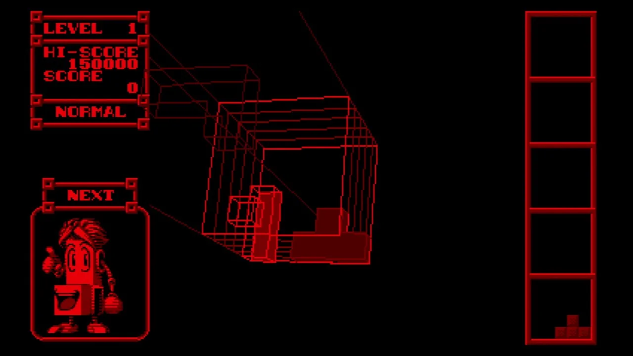 Partida de 3-D Tetris amb el pou tridimensional, la puntuació i la peça següent visibles.