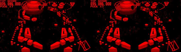 Dues vistes estereoscòpiques d'una partida de Galactic Pinball, amb un planeta al fons, paletes i marcador.