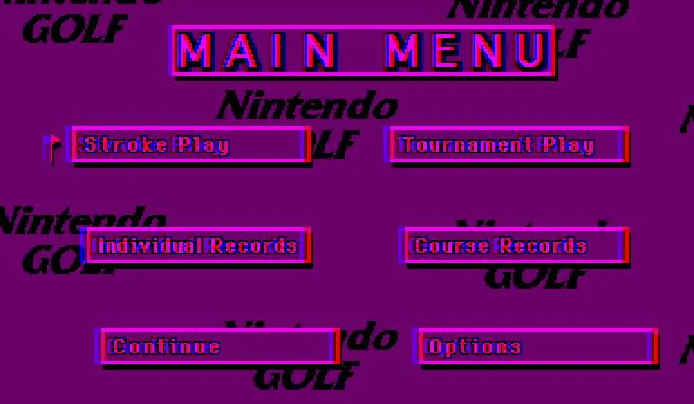 Menú principal de Golf amb Stroke Play, Tournament, rècords, Continue i opcions.