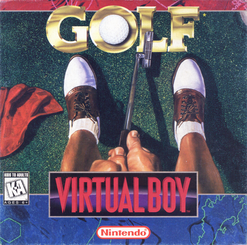 Portada nord-americana de Golf per a Virtual Boy, amb una pilota, un putter i el jugador preparant el cop.