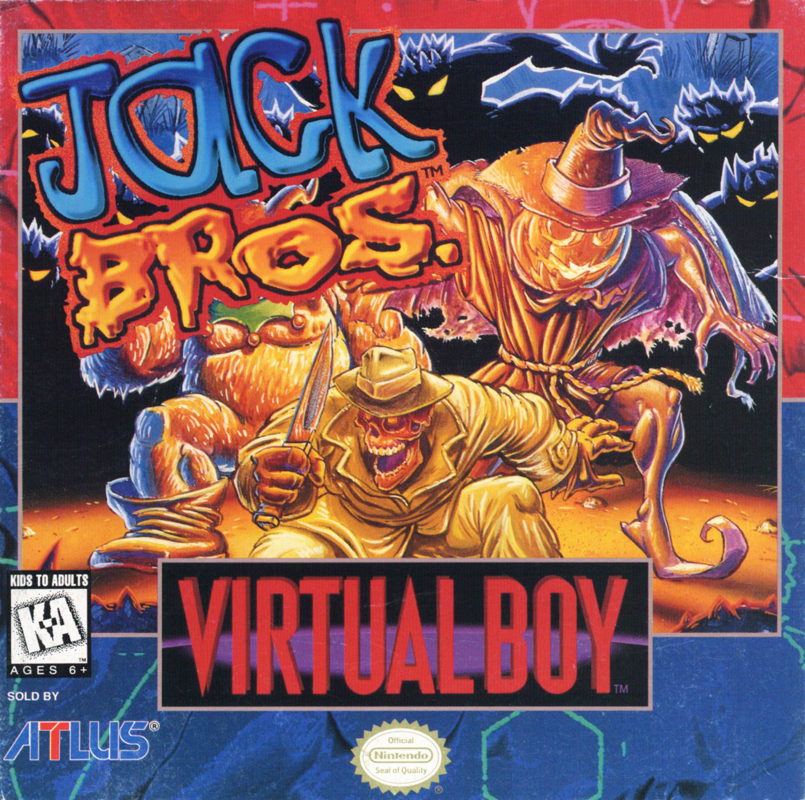 Portada nord-americana de Jack Bros. per a Virtual Boy, amb els tres protagonistes monstruosos i diversos ratpenats.