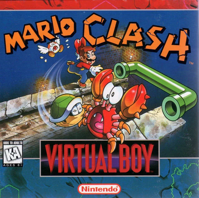Portada nord-americana de Mario Clash per a Virtual Boy, amb Mario envoltat d’enemics de la torre.