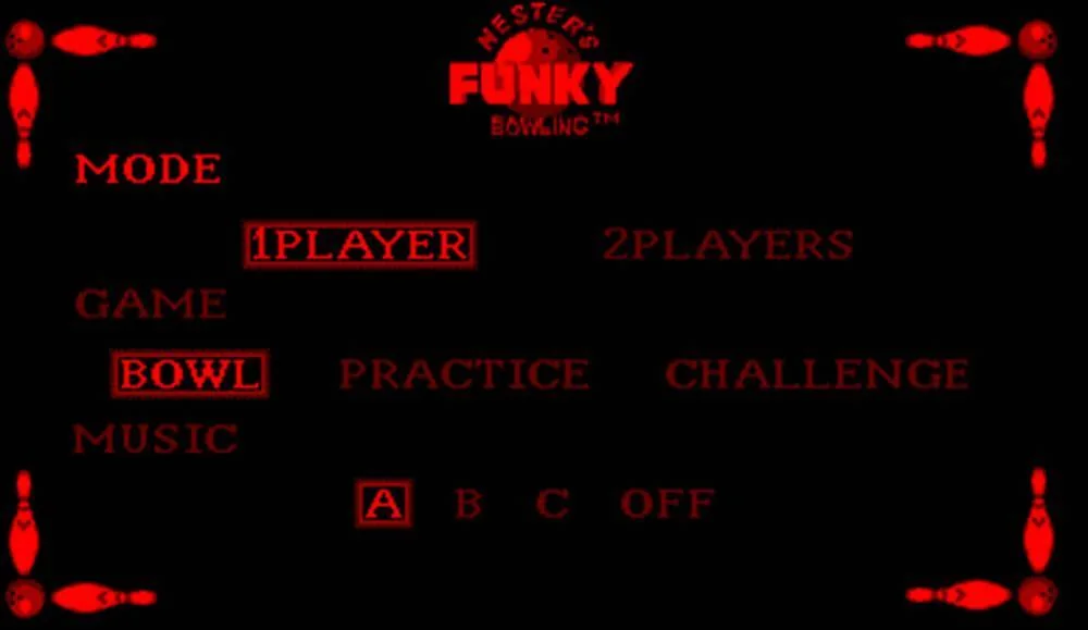 Menú principal amb opcions per a un o dos jugadors, Bowl, Practice, Challenge i selecció de música.