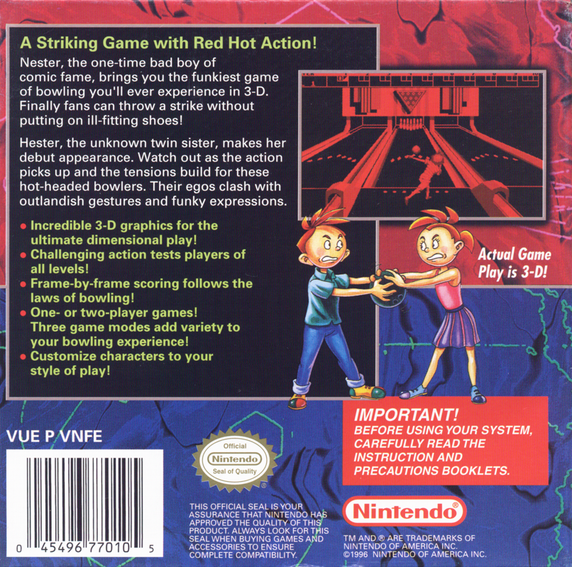 Revers de la capsa nord-americana de Nester's Funky Bowling per a Virtual Boy, amb text promocional i una captura de la pista.
