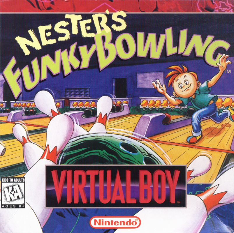Portada de la capsa nord-americana de Nester's Funky Bowling per a Virtual Boy, amb una bola impactant contra les bitlles.