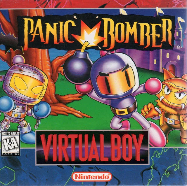 Frontal de la caixa nord-americana de Panic Bomber per a Virtual Boy, amb Bomberman entre una mòmia i un rival felí.