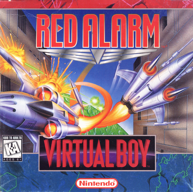Part frontal de la caixa nord-americana de Red Alarm per a Virtual Boy, amb dues naus espacials en combat.