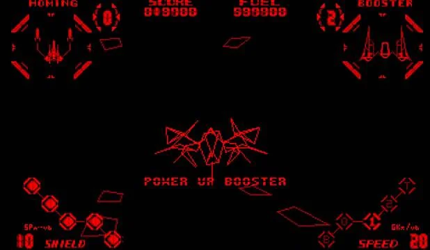 La nau recull una millora d’impulsor mentre apareix el missatge POWER UP BOOSTER.