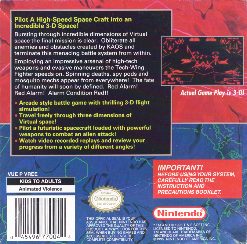 Part posterior de la caixa nord-americana de Red Alarm per a Virtual Boy, amb text, una captura i el codi de barres.