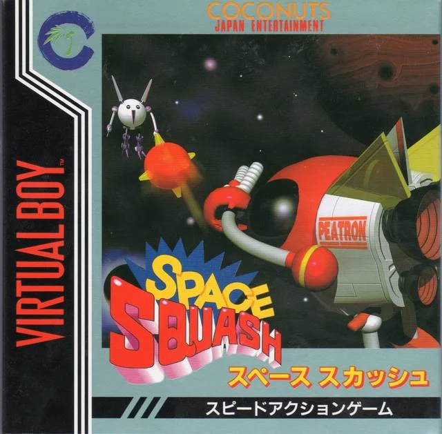 Portada frontal japonesa de Space Squash per a Virtual Boy, amb Peatron, un rival robòtic i una pilota vermella a l’espai.