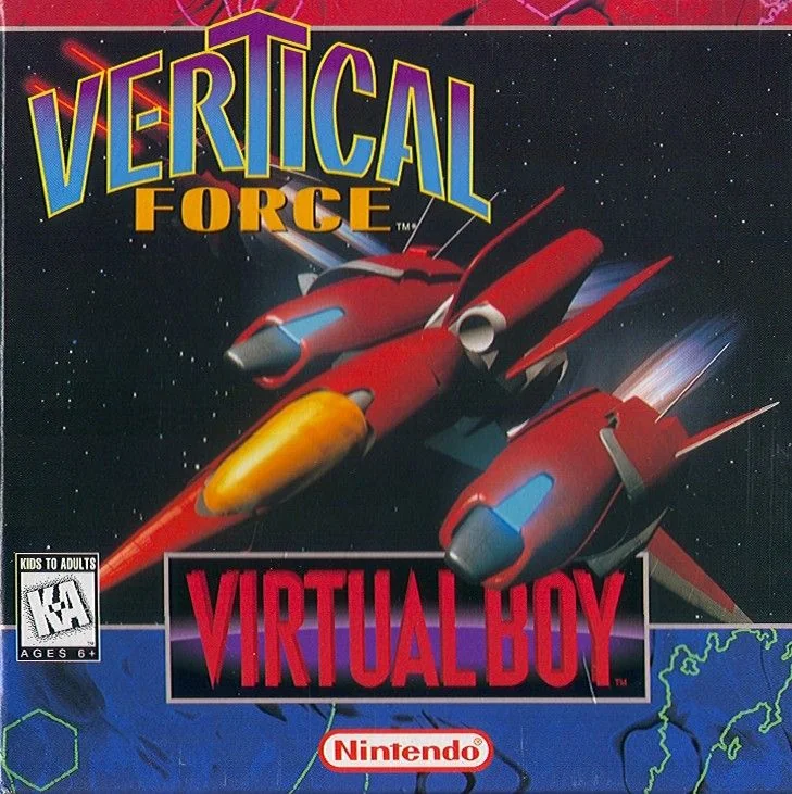 Anvers de la capsa nord-americana de Vertical Force per a Virtual Boy, amb tres naus vermelles sobre un camp d’estrelles.