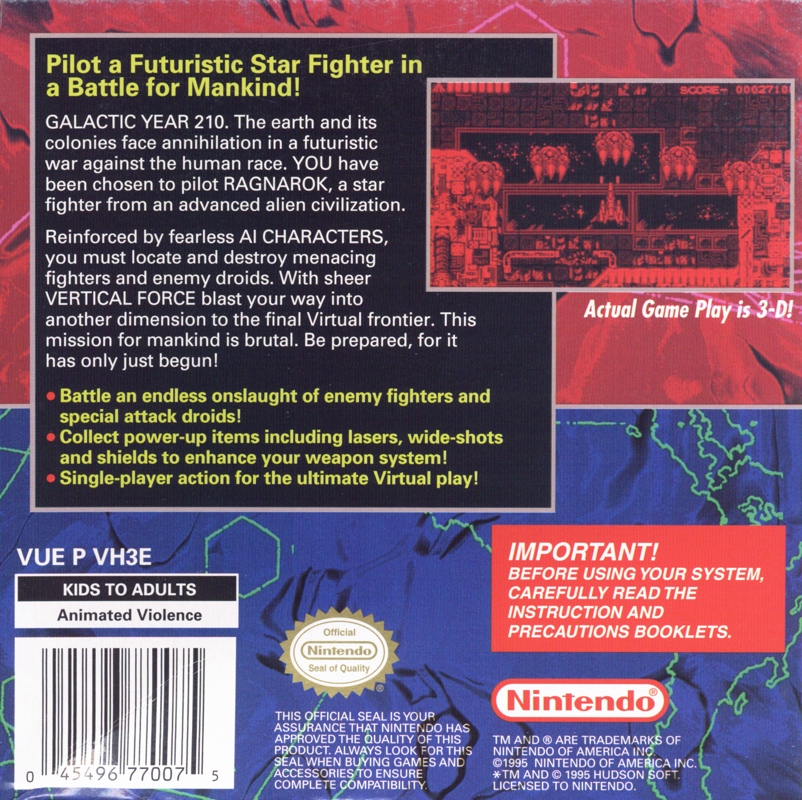 Revers de la capsa nord-americana de Vertical Force per a Virtual Boy, amb una captura, text promocional i codi de barres.