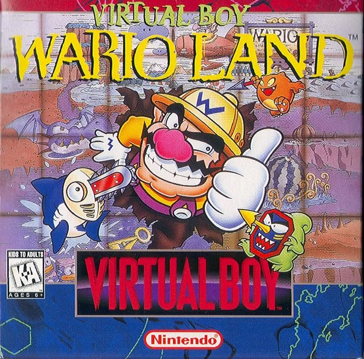 Portada nord-americana de Virtual Boy Wario Land amb Wario envoltat d’enemics en unes ruïnes subterrànies.