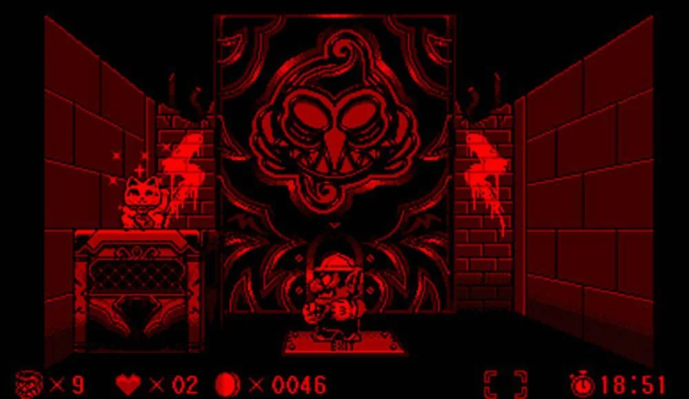 Wario davant d’una porta monumental i un tresor col·locat sobre un pedestal.