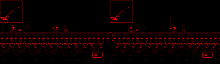 Captura estereoscòpica doble d’una partida de Virtual Fishing des d’un moll, amb pescador, línia i indicador de canya.