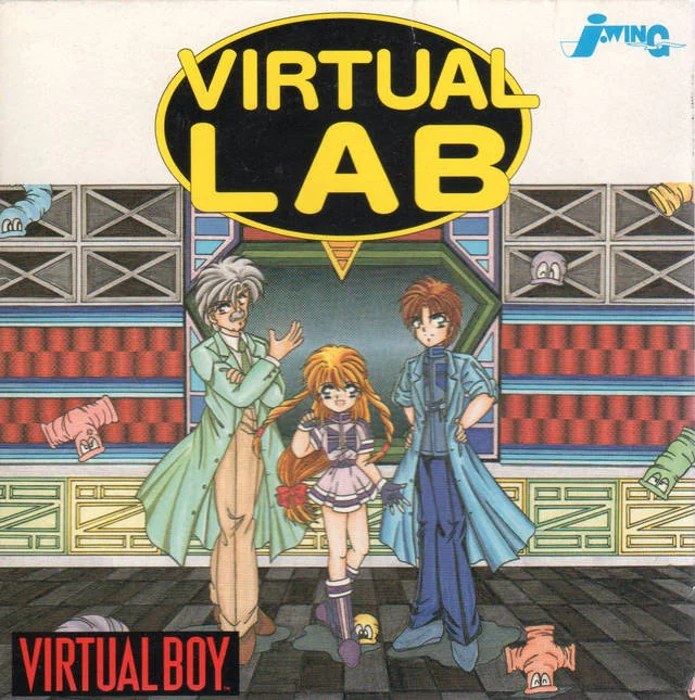 Portada frontal japonesa de Virtual Lab per a Virtual Boy, amb el logotip groc i tres personatges davant del laboratori.