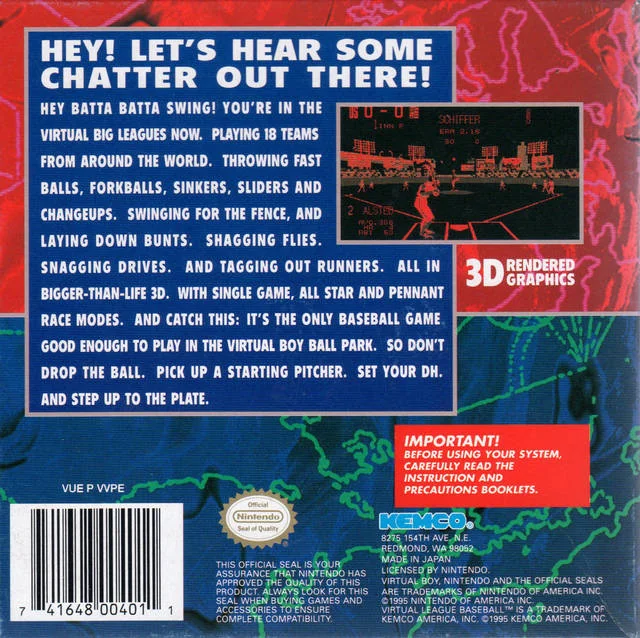 Contraportada nord-americana de Virtual League Baseball per a Virtual Boy, amb text promocional, una captura del partit i el reclam de gràfics 3D.
