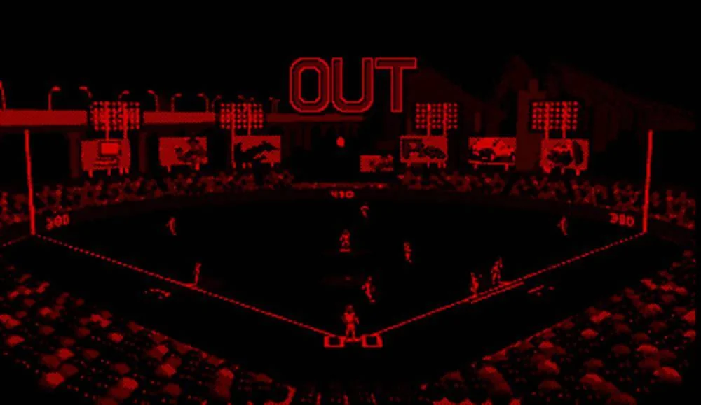 Vista elevada del diamant de Virtual League Baseball amb els defensors distribuïts pel camp i l’avís Out.
