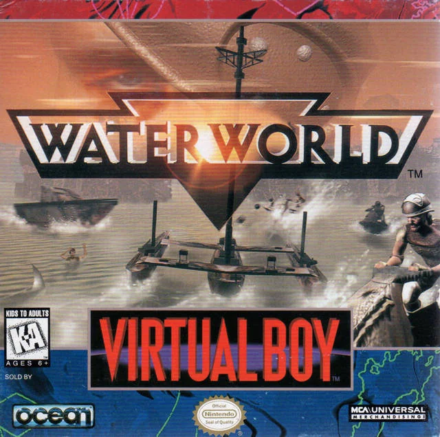 Portada nord-americana de Waterworld per a Virtual Boy, amb el logotip, embarcacions sobre l’aigua i la marca de la consola.
