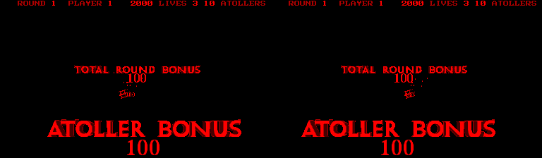 Pantalla estereoscòpica de bonificació amb els conceptes de puntuació dels Atollers, el total de ronda i el multiplicador d’Enola.